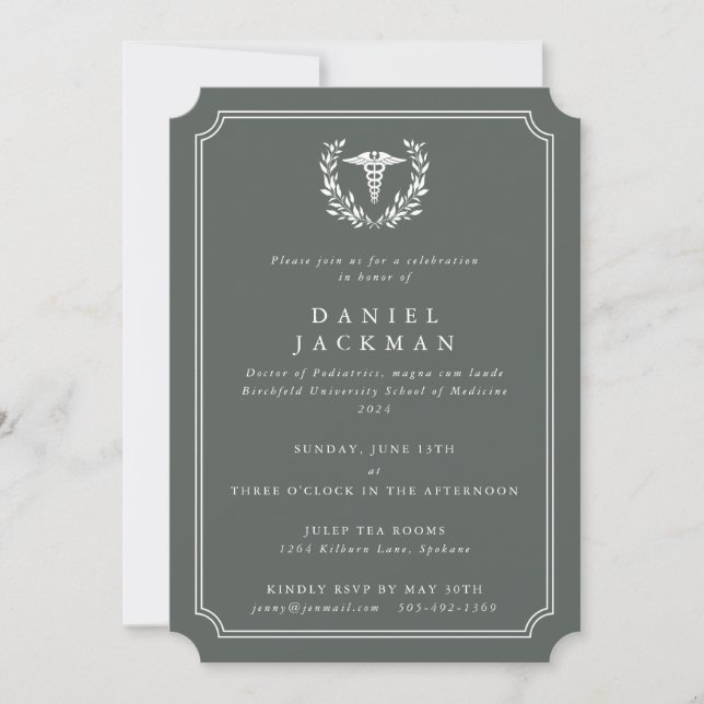 Invitation Diplôme de l'école de médecine Green Caduceus+Laur (Devant)
