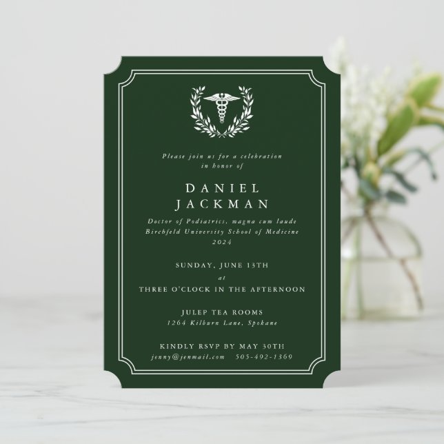 Invitation Diplôme de l'école de médecine Green Caduceus+Laur (Debout devant)