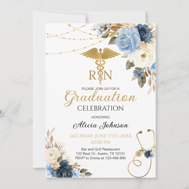 Invitation Diplôme de l'école d'infirmières RN Boho Floral (Devant)