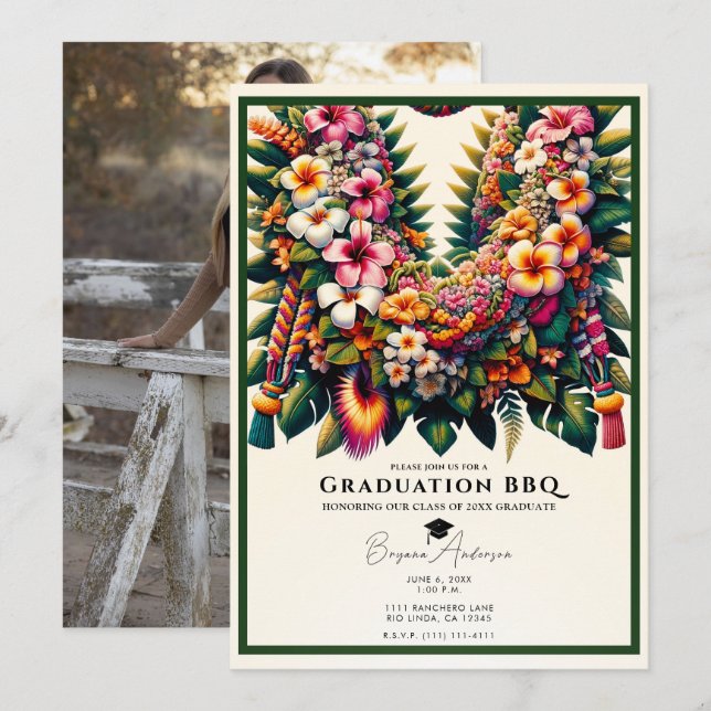 Invitation Diplôme de Lei floral tropical Photo BBQ Party (Devant / Derrière)