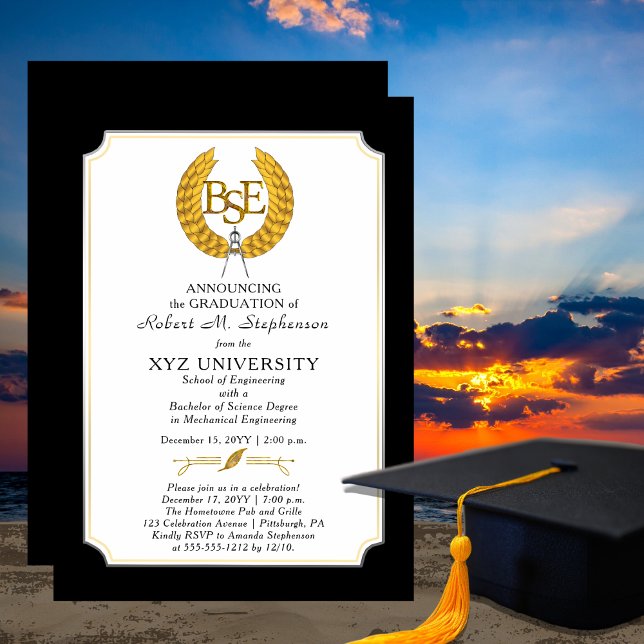 Invitation Diplôme de licence en ingénierie - BSE (Elegant "BSE" Engineering Graduate Graduation Announcement and Party Invitation - Print | Download)