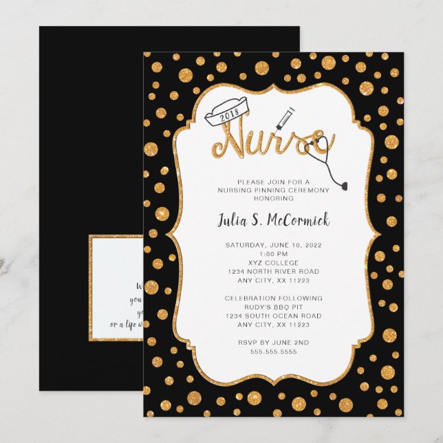 Invitation Diplôme de l'infirmière, faux or + vous changez de (Devant / Derrière)