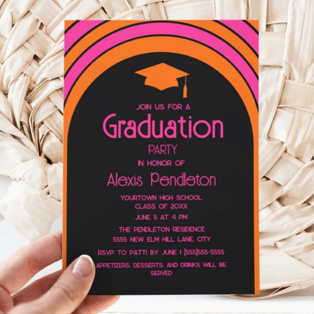 Invitation Diplôme de lycée à capuchon arché rose orange rétr (Pink and orange arch graduation party invitation)