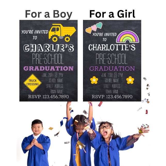Invitation Diplôme de maternelle Hearts Rainbow Tableau noir  (Children's Graduation Invitations (Boy and Girl Versions))