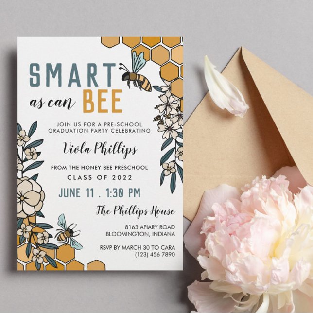 Invitation Diplôme de maternelle Smart As Can Bee Floral (Créateur téléchargé)
