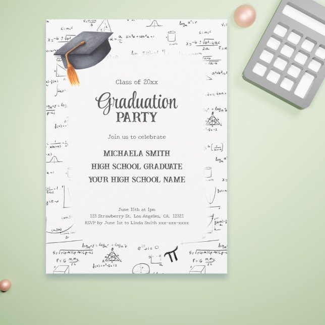 Invitation Diplôme de mathématiques au lycée noir et blanc (Black and White High School Math Graduation Invitation)