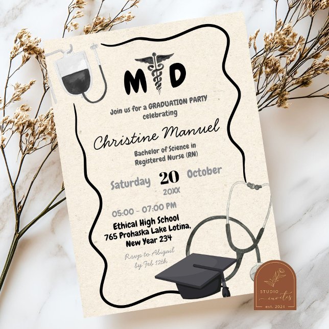 Invitation Diplôme de médecin dessiné à la main (Créateur téléchargé)