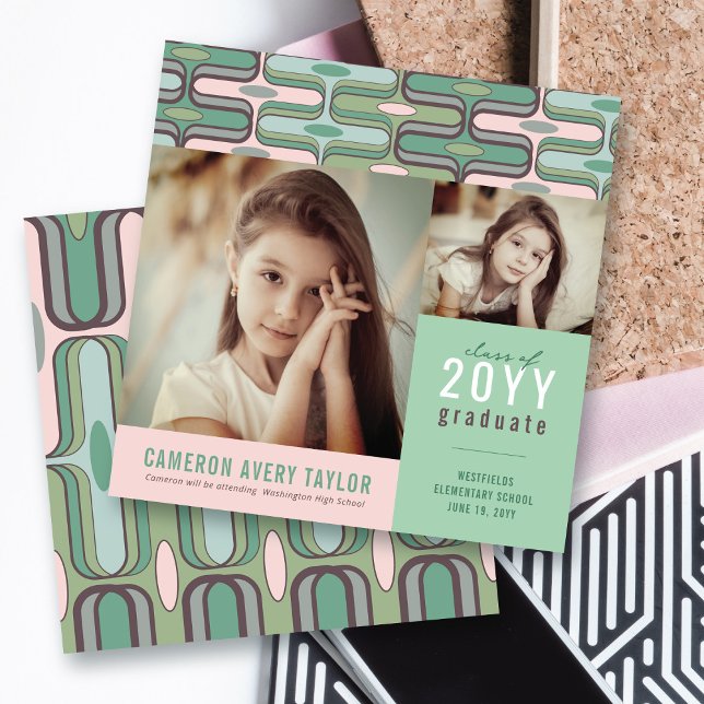 Invitation Diplôme de photo 2 Ogee rose et menthe rétro mod (Retro Mod Pink & Mint Green Ogee Zig Zag, 2 Photo Graduation Invitation @ zazzle.com/color_therapy)