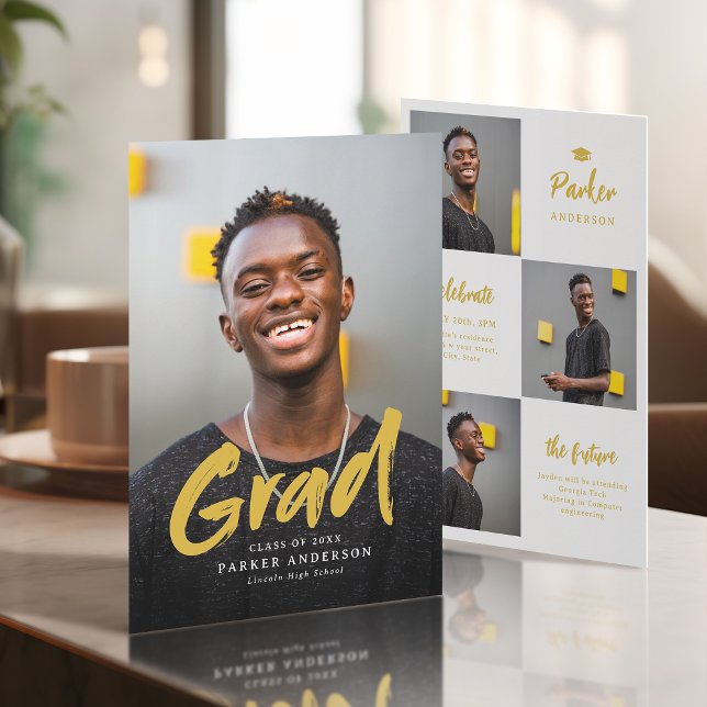 Invitation Diplôme de photo de script de brosse moderne en or (Gold Modern Brush Script Photo Graduation Invitation)