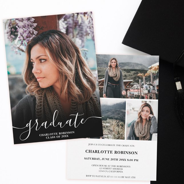 Invitation Diplôme de photo en noir et blanc (Black and white graduate script photo graduation invitation)