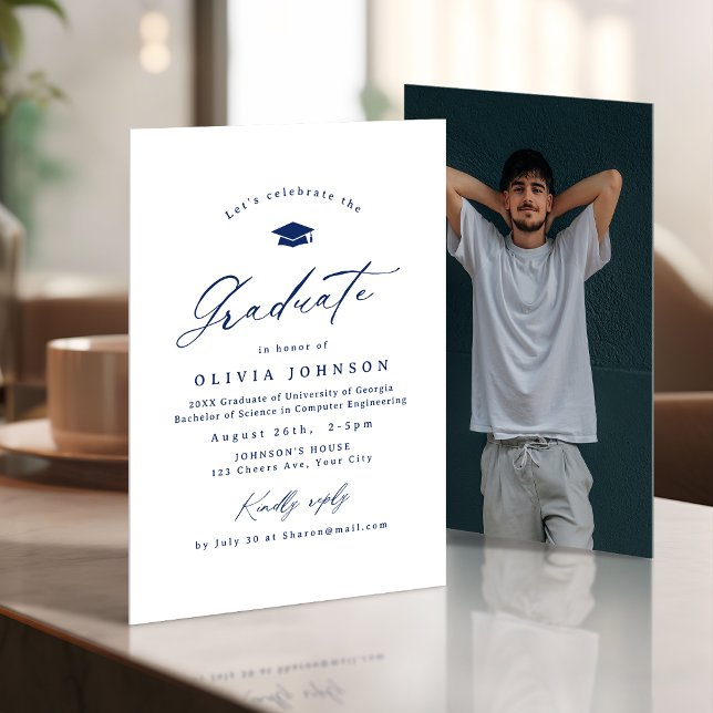 Invitation Diplôme de photo simple calligraphie moderne Navy (Navy Modern Calligraphy Simple Photo Graduation Invitation)