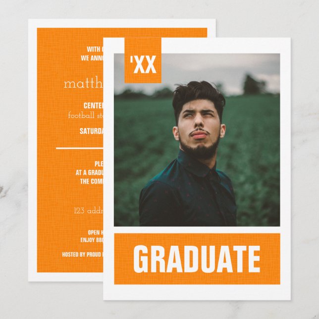 Invitation Diplôme de photo texturée moderne orange (Devant / Derrière)