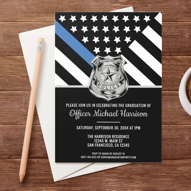 Invitation Diplôme de police Ligne bleue Indicateur Police (Invite all your family and friends to celebrate the police academy graduation of the new officer!)