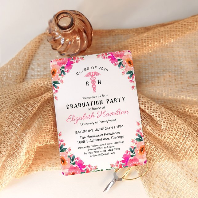 Invitation Diplôme de soins infirmiers à fleurs roses   (Créateur téléchargé)