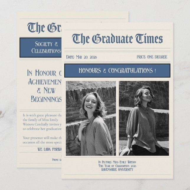Invitation Diplômé de style journal vintage classique 2026 (Devant / Derrière)