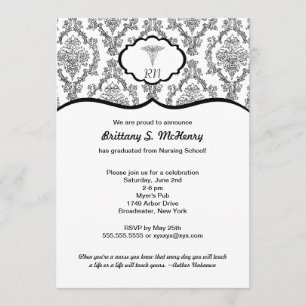 Invitation Diplôme d'infirmière en Damas noires classiques RN