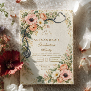 Invitation Diplôme d'infirmière Floral Rose Blush