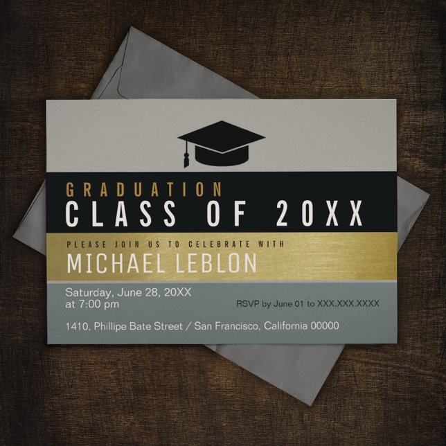Invitation Diplômé élégant et rayé moderne. Grad Party (elegant & stylish)