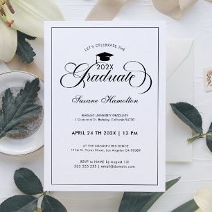 Invitation Diplômé Élégant Typographie Script Noir Blanc