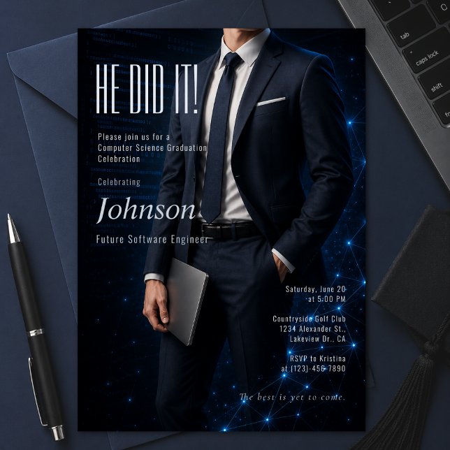 Invitation Diplôme en Informatique (Future Software Engineer invitation with a modern luxury tech-inspired design.)