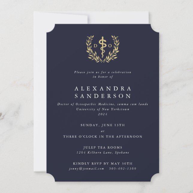 Invitation Diplômé en médecine ostéopathique Navy/Or (Devant)