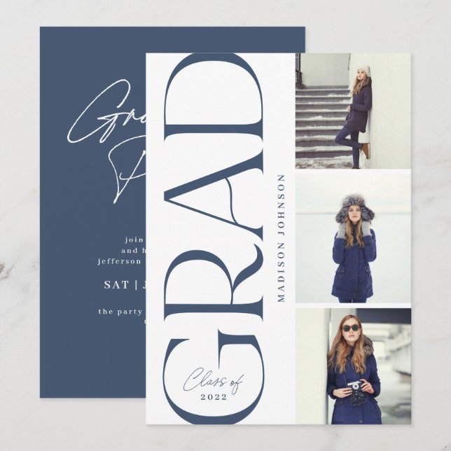 Invitation Diplôme en typographie latérale 2022 3 Photo Party (Devant / Derrière)