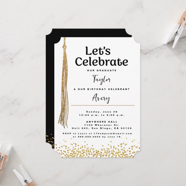 Invitation Diplôme et Anniversaire Célébration Conjointe Or N (Devant/Arrière en situation)