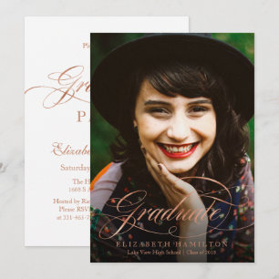 Invitation Diplômé Feuille Rose Or Classe Script Photo