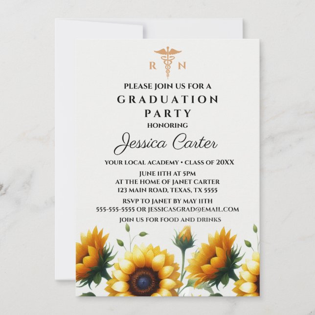 Invitation Diplôme Fleuriste Infirmière Tournesols Typographi (Devant)