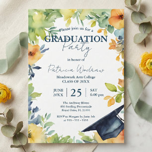 Invitation Diplôme Floral Aquarelle Bleu Marine Et Jaune