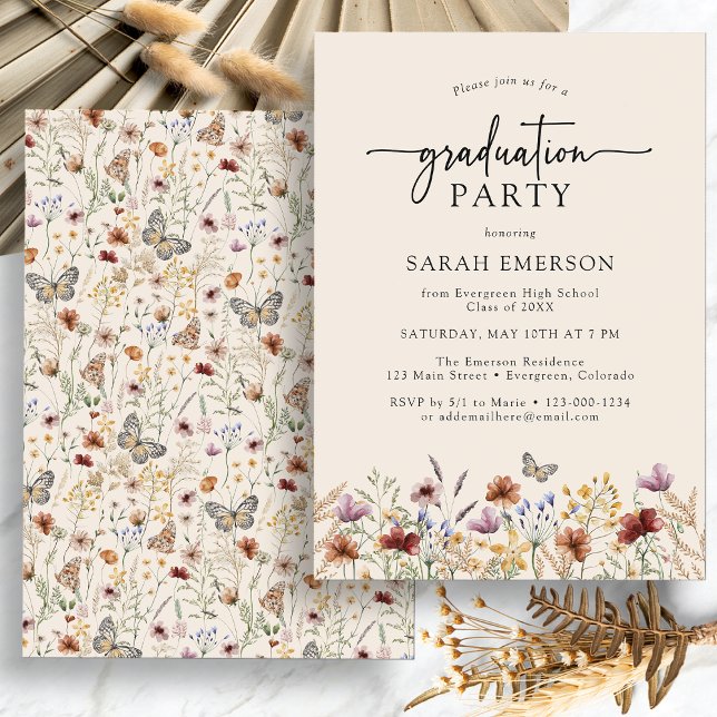 Invitation Diplôme Floral Boho (Watercolor Boho Floral Graduation Party Invitation with Butterfly by Painted Paperie
)