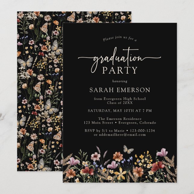 Invitation Diplôme Floral Noir (Devant / Derrière)