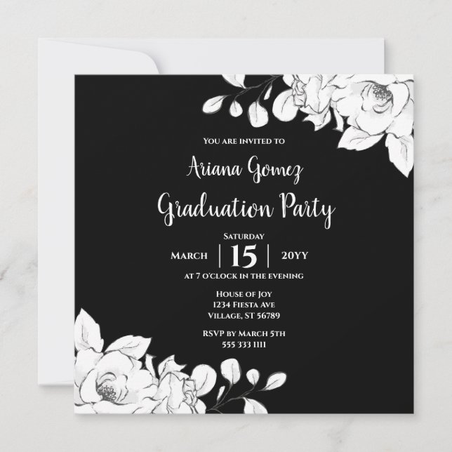 Invitation Diplôme Floral Noir Et Blanc (Devant)