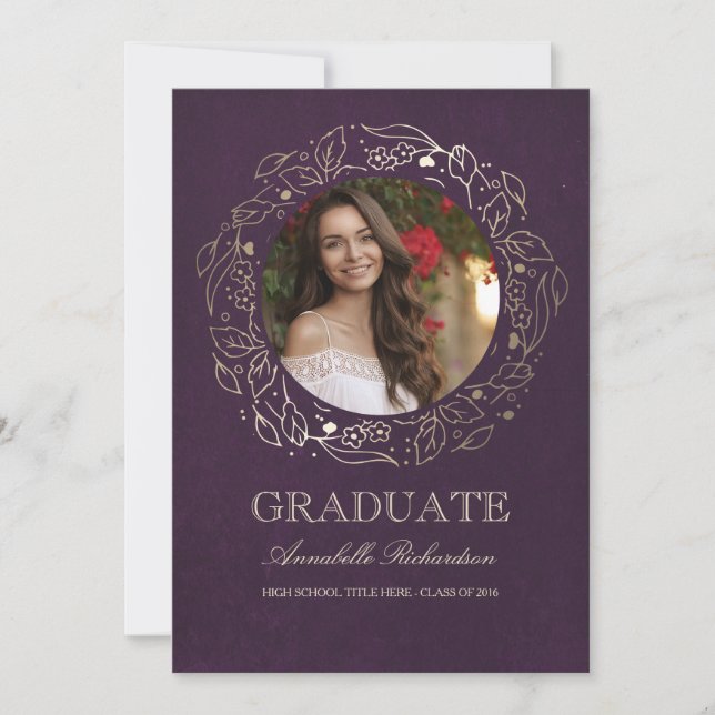 Invitation Diplôme Floral Wreath Gold et Plum Photo (Devant)