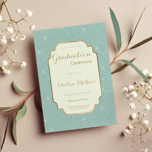 Invitation Diplôme glamour paillettes or vert menthe élégant