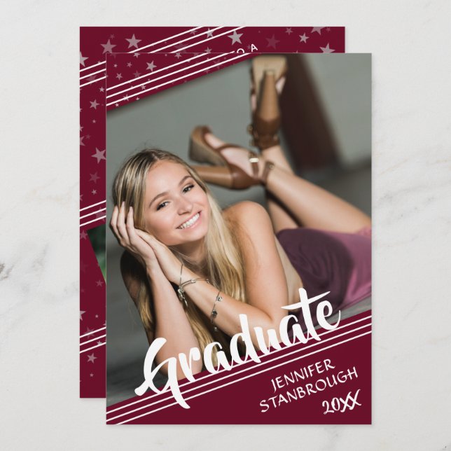 Invitation Diplômé, lignes et étoiles | Couleur modifiable |  (Devant / Derrière)