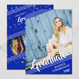 Invitation Diplômé, lignes et étoiles   Royal Blue & White 4-