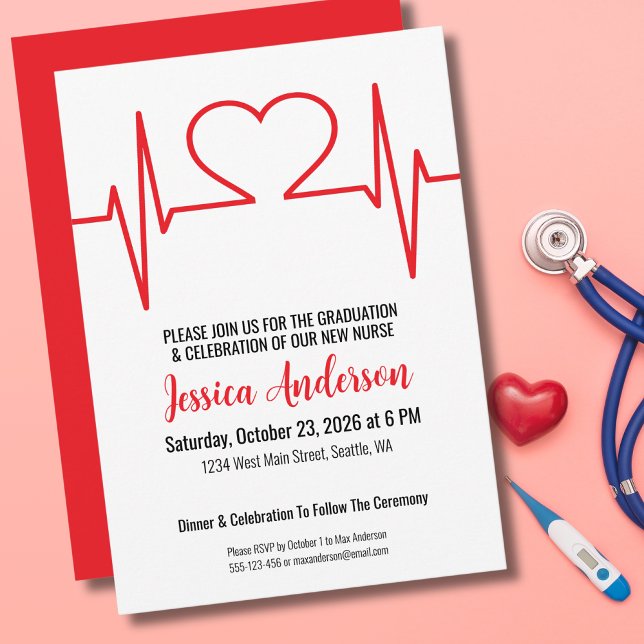 Invitation Diplôme Médicale simple en soins infirmiers (Red Heart Beat Nursing Medical Invitation)