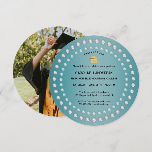 Invitation Diplôme Métal Brossé Bleu Turquoise & Perles (Devant / Derrière)