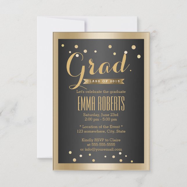 Invitation Diplôme Moderne Bordure Or Points Confetti (Devant)