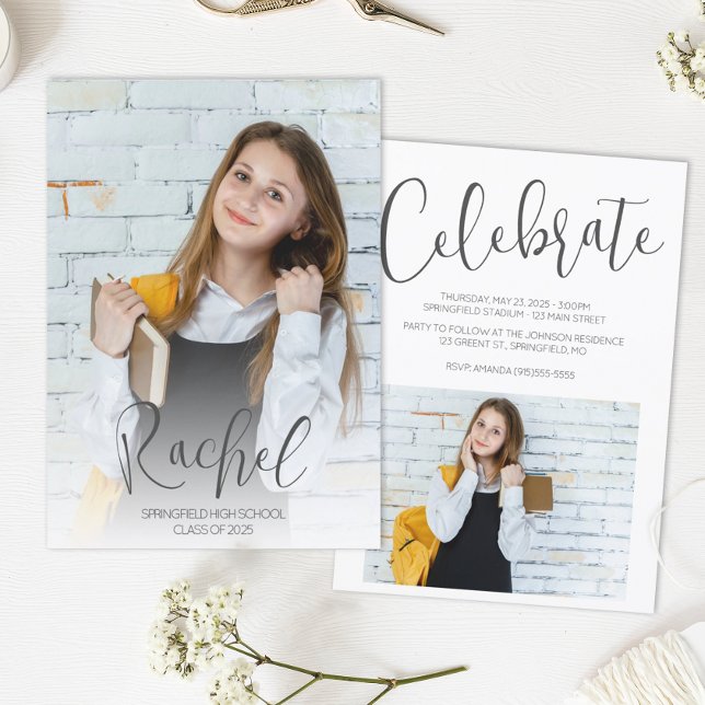 Invitation Diplôme Moderne Deux Photos (Modern Script Photo Graduation Announcement)