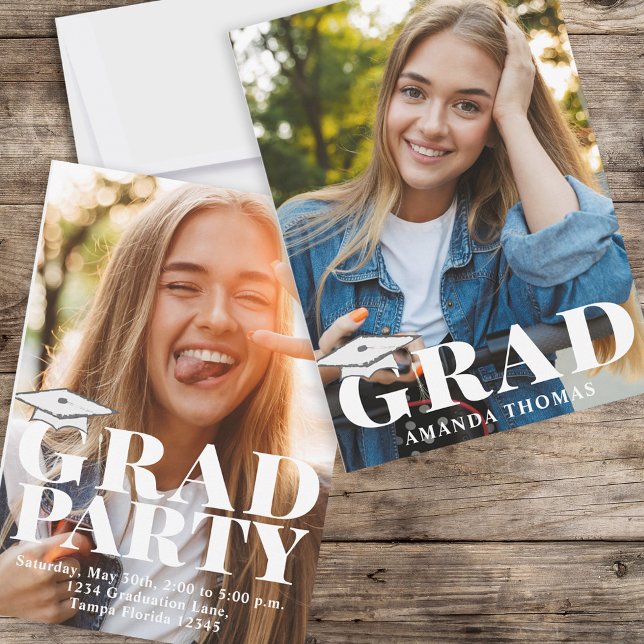 Invitation Diplômé Moderne Modèle photo Audacieux Typographie (Graduation photo invitation with bold modern typography and a 2-photo template. )