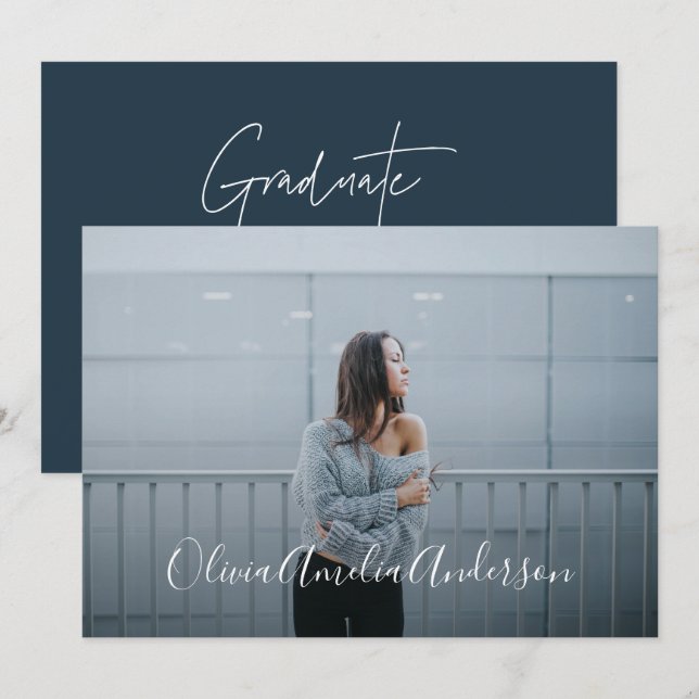 Invitation Diplôme moderne script photo typographie bleu (Devant / Derrière)