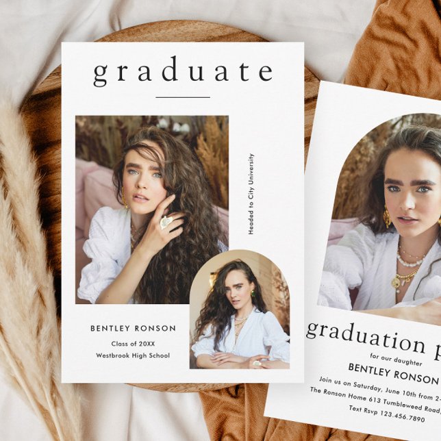 Invitation Diplôme Moderne Simple 3 Photos  (Modern minimal 3 photo graduation invitations with arch photos.)