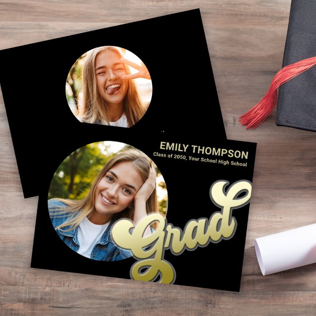 Invitation Diplômé Moderne Style Retro Gold Photo Noir (Graduation gold typography circle photo invitation template.)