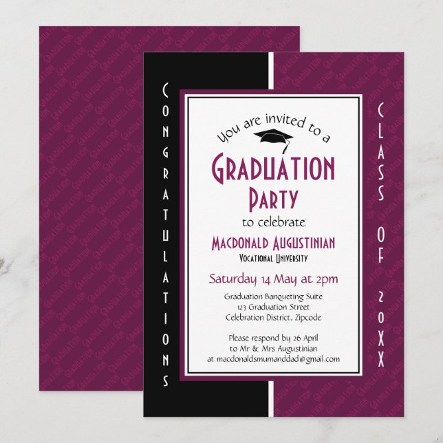 Invitation DIPLÔME Mulberry Black Graduate personnalisée (Devant / Derrière)