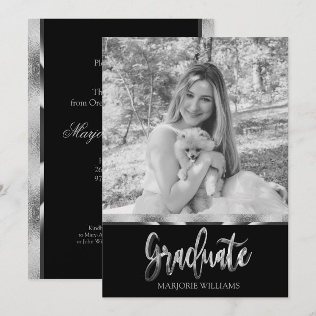 Invitation Diplômé noir et gris argenté Script (Devant / Derrière)