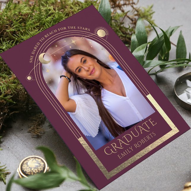 Invitation Diplôme Or Prune Soleil Lune Étoiles Photo de remi (Créateur téléchargé)