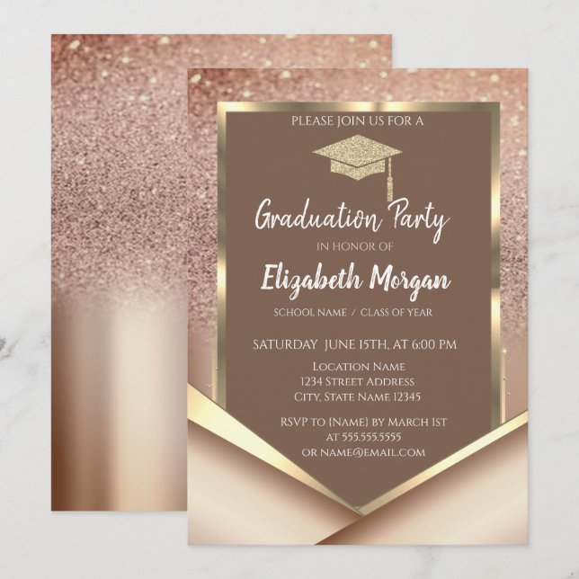 Invitation Diplôme Paillettes Marron Élégant Diamants (Devant / Derrière)