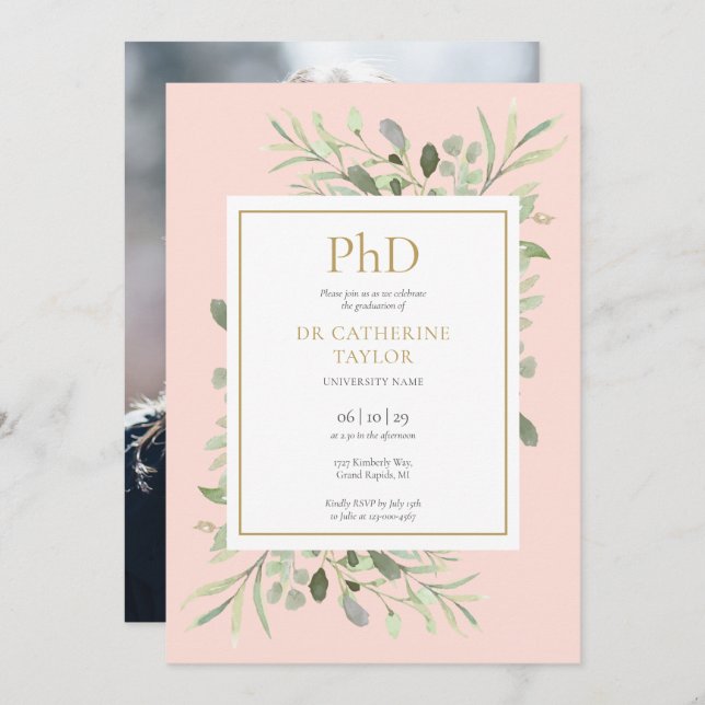 Invitation Diplôme Phd Blush Pink Greenery Photo Graduation (Devant / Derrière)